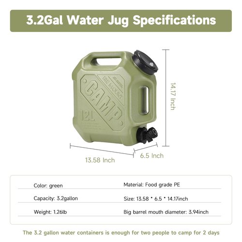 ASIEIT 3.2 Gallon Water Jug with Spigot, Portable Water Tank BPA Free, Leak-Proof Water Containers for Camping Water Storage Containers for Emergency Outdoor Hiking Picnic, Green/Black/Yellow
