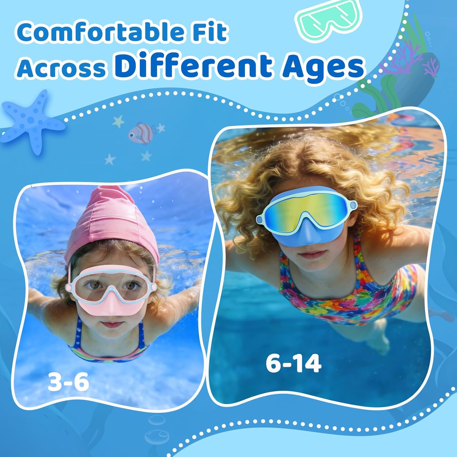 Vvinca Kids Swim Goggles - 2 Pack with Nose Cover | Anti-Fog UV Protection for Ages 3-14