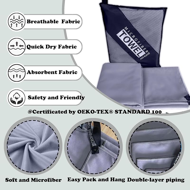 Isuaia Grey 30"x60" Microfiber Quick-Dry Beach Towel - Reusable Lightweight Travel Towel