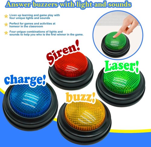 Buzzers Set of 4 | Trivia Game Answer Buzzers with Lights & Sound for Classroom Fun