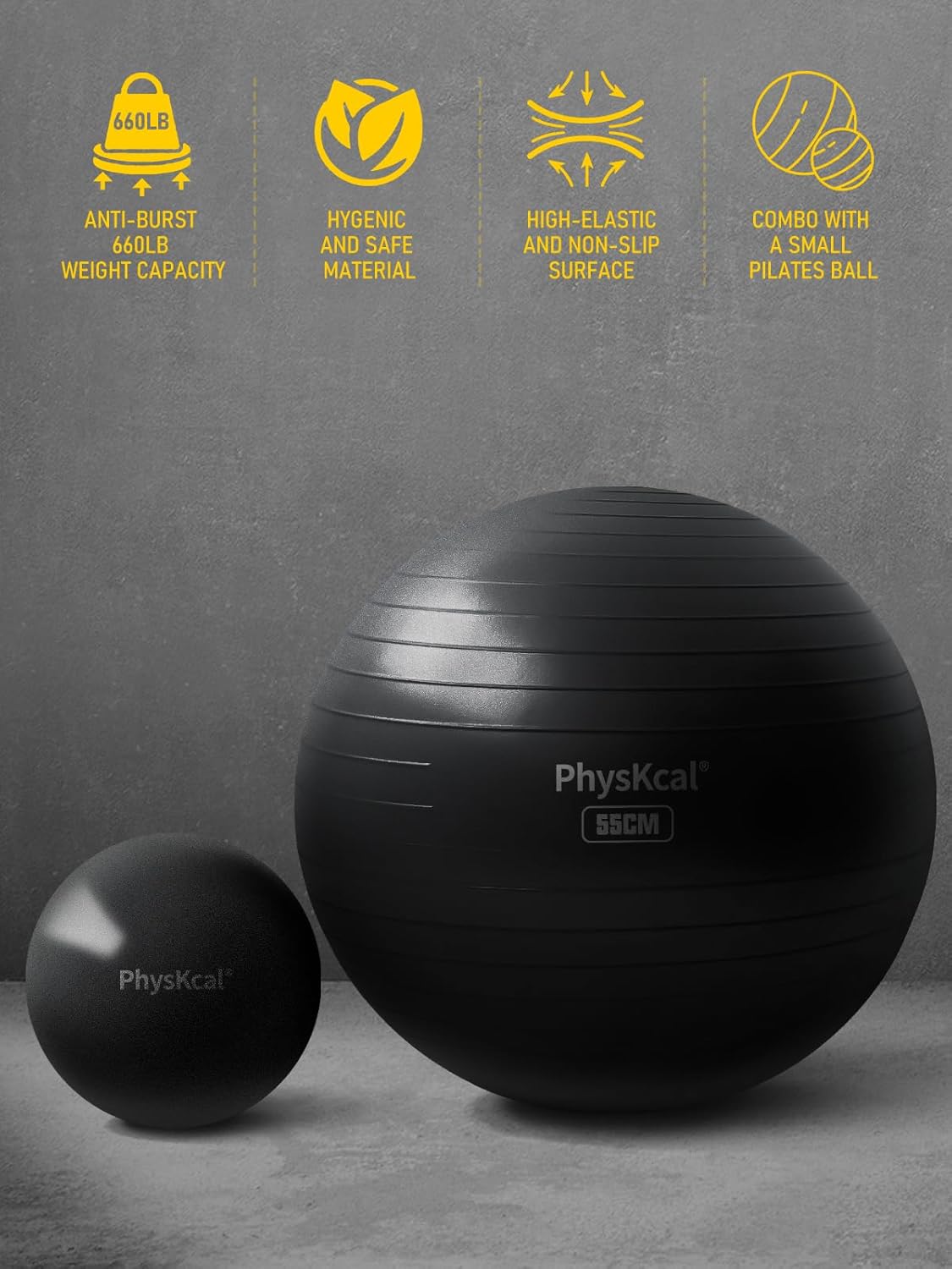 PhysKcal Yoga Ball - Versatile Fitness Ball for Exercise, Pilates & Therapy | 4 Sizes Available