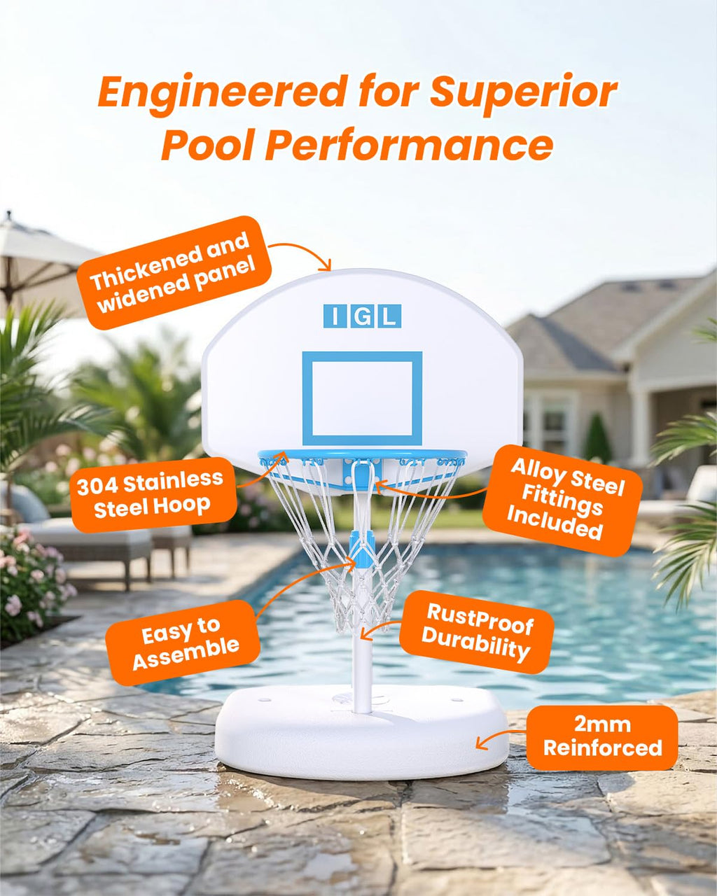 IGL Pool Basketball Hoop, 28in Backboard, Adjustable Height 28-36in, White