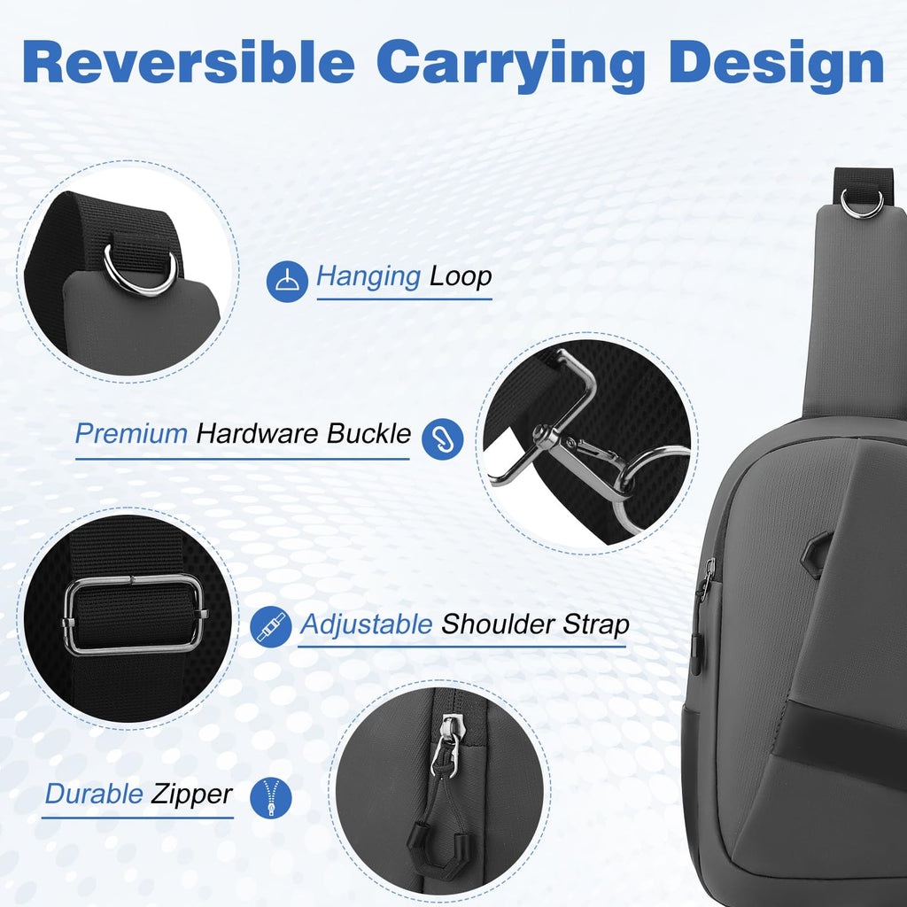 Hoedia Crossbody Sling Bag for Men Women, Shoulder Cross Body Bag EDC Fanny Backpack with Reflective Strip and Multi-pocket (Grey)