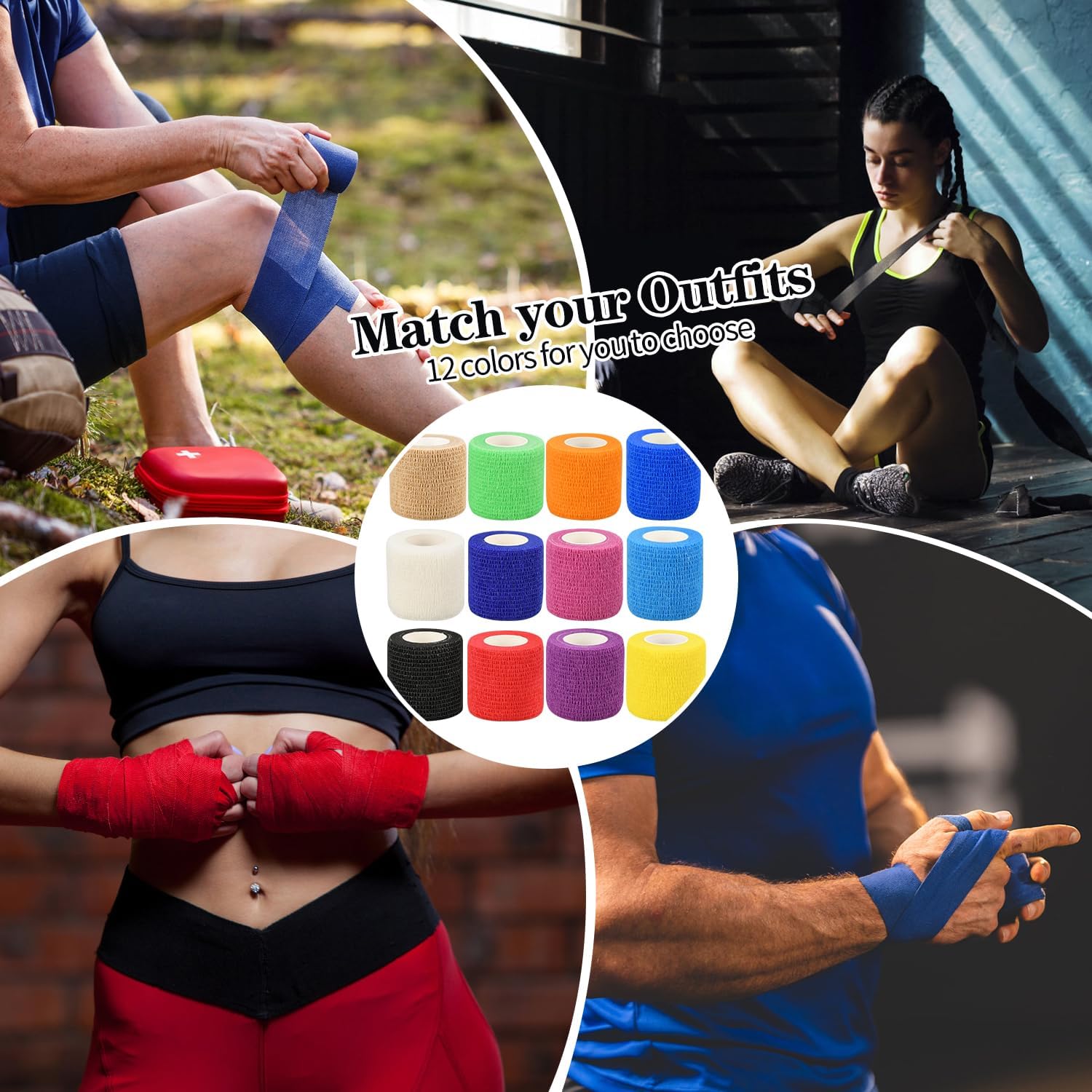 Skiennix Self-Adhesive Bandage Wraps - 6pcs, 2in, 12 Colors | 5 Yard for Sports & Swelling Relief