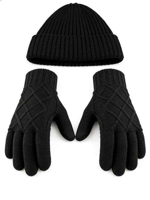 Braventure Winter Gloves Beanie Hat Set: Men Women Warm Thermal Fleece Windproof Touchscreen Gloves & Knit Skull Cap Set for Commuting Driving Shoveling Shopping Hiking Extreme Cold Weather Black