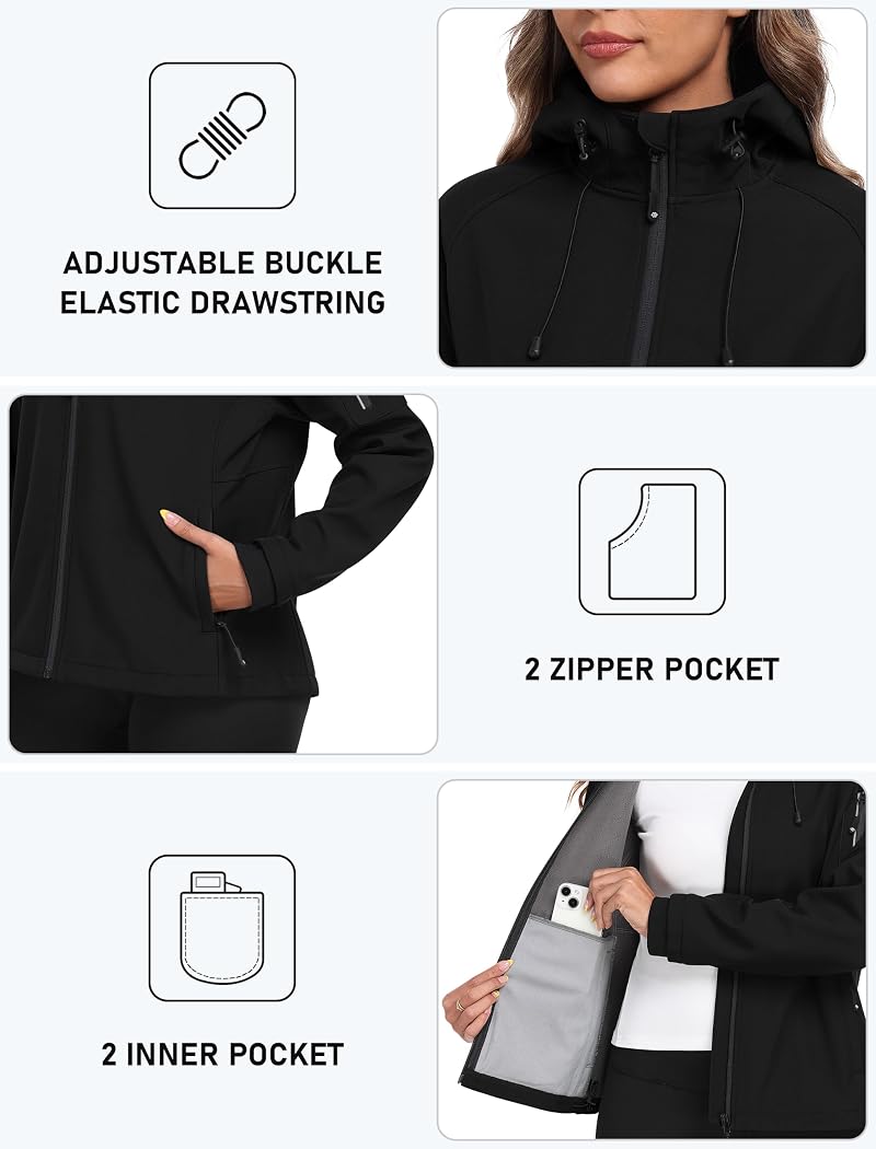 MoFiz Women's Fleece-Lined Softshell Jacket - Lightweight Insulated Warm Coat, Black, Large