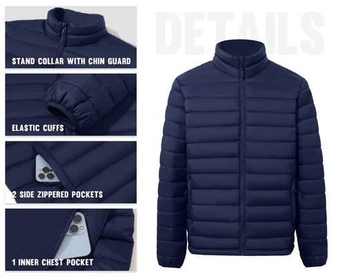 WHN Men's Puffer Jacket Lightweight Winter Waterproof Windproof Stand Collar Full Zipper Coat with 3 Pockets Navy L