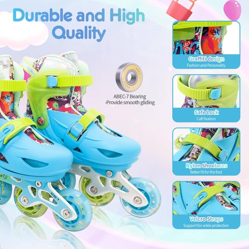 Besketo Blue Graffiti Light up Inline Skates for Girls Boys, 4 Size Adjustable Roller Shoes with Full Illuminating Wheels for Kids, Blades Roller Skates for Beginner Teens & Adult Youth - S J9-J12 US