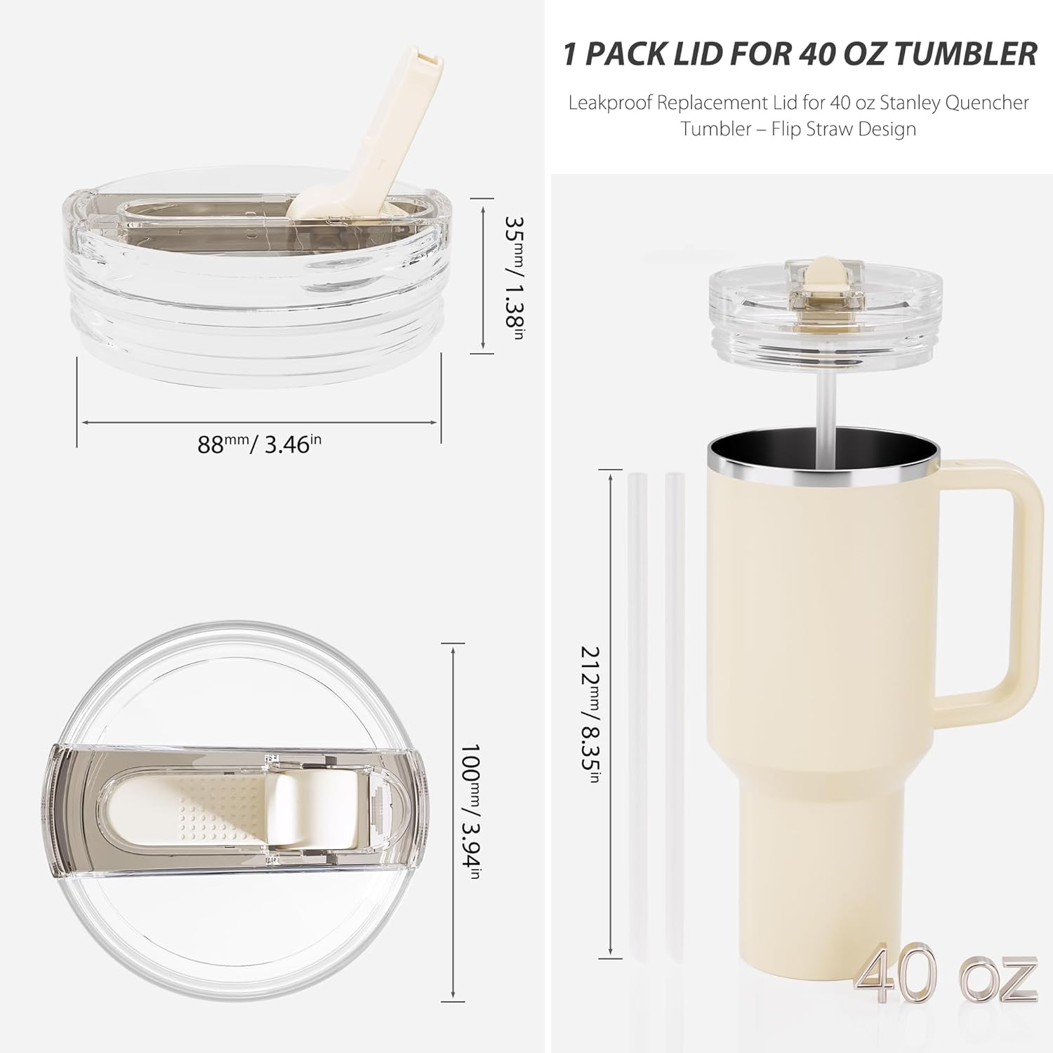 Stanley Replacement Lid - Flip Straw Tumbler Lid for 40 oz Quencher H2.0 & ProTour | Leakproof & Easy to Use (Cream)