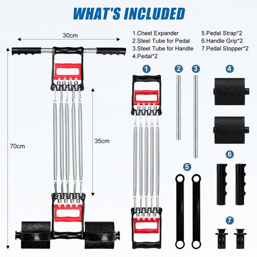 Spring Chest Expander, Tummy Trimmer Hand Gripper 3 in 1 Pull-up Bars Exerciser with 5 Metal Springs, Arm Strength Trainer