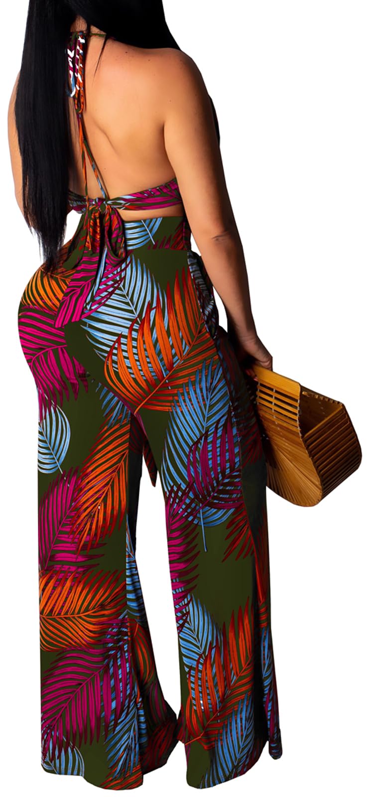 Green Floral Print 2-Piece Outfit Set for Women – Strapless Top + Wide-Leg Pants, Variation: Green Large