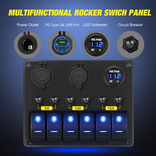 Nilight 6 Gang Rocker Switch Panel - Waterproof Pre-Wired Aluminum with USB & Voltmeter for 12V/24V Vehicles