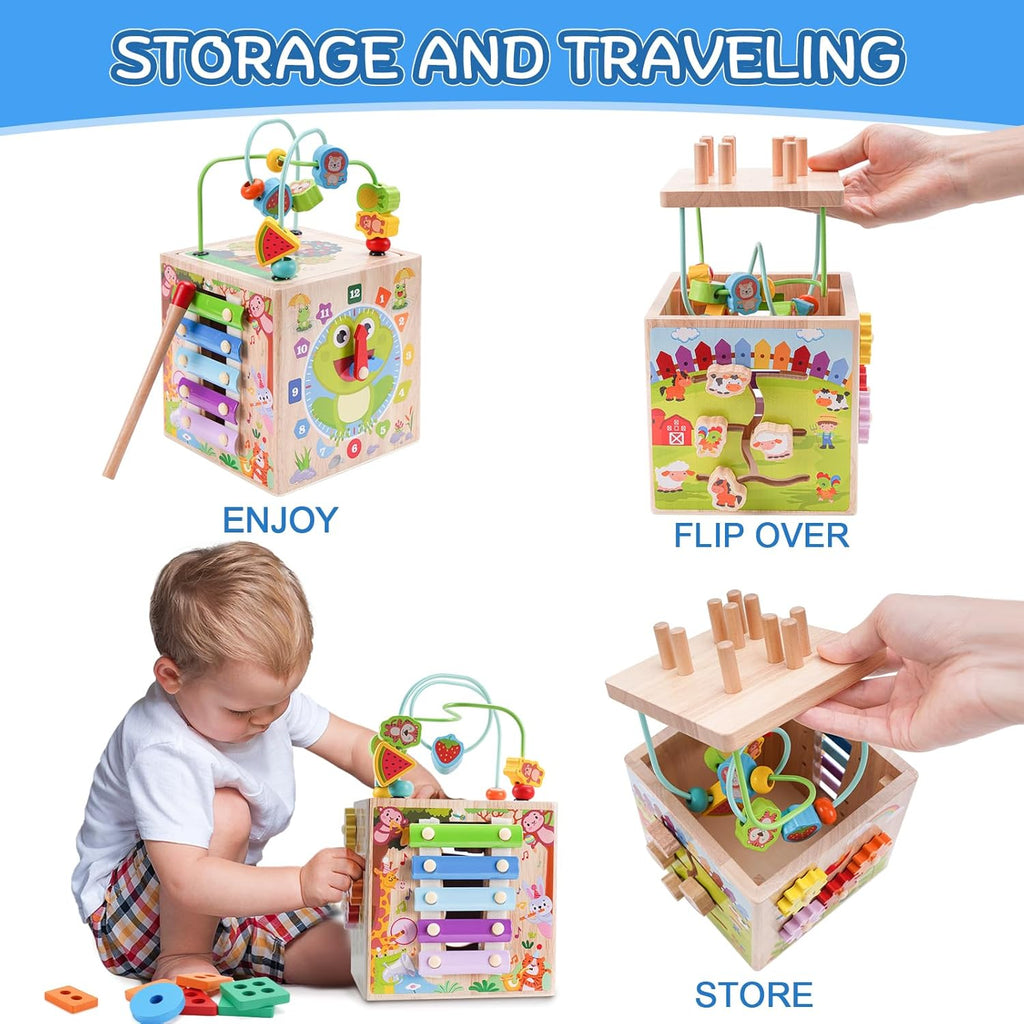Wooden Activity Cube - Montessori Educational Toy for Toddlers 1-3 Years | Perfect 1st Birthday Gift | Includes Bonus Sorting & Stacking Game (Pink)
