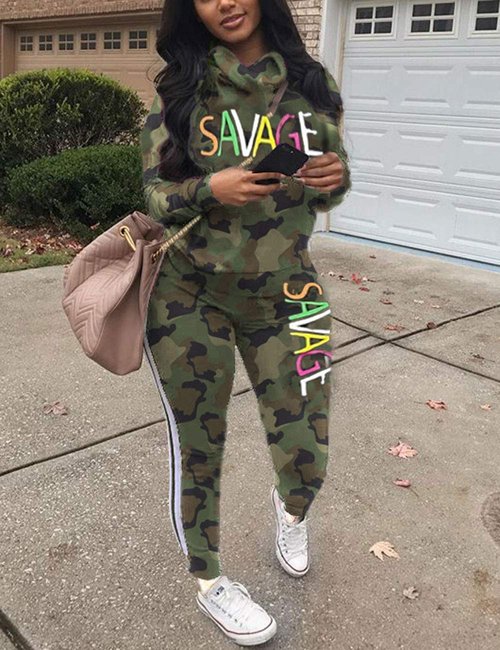 Womens Casual 2 Piece Outfit, Camouflage Letter Print Long Sleeve Pullover Sweatshirt Pants Tracksuits Set Camo Green M