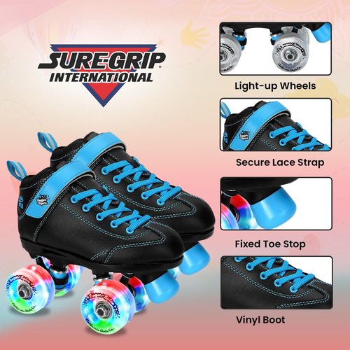 Sure-Grip Sugar & Spice Kids Roller Skates - Durable Vinyl Boot with Comfortable Padding - Features Indoor/Outdoor Light-Up Wheels - Lightweight Nylon Plate & Trucks - Available in Junior Sizes Only