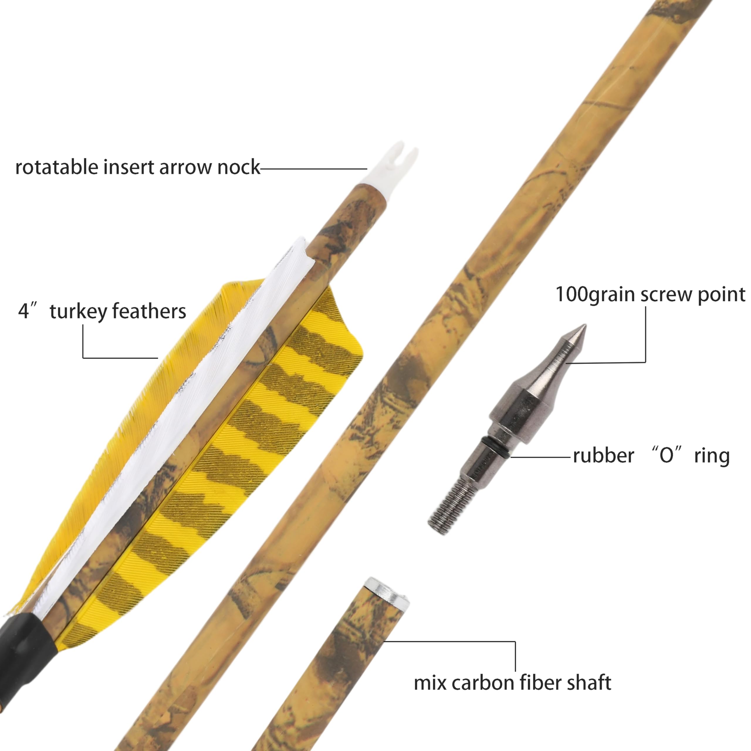 ZSHJGJR 30” Carbon Arrows Hunting Arrows with 4” Turkey Feather Removable Tips Archery Targeting Practice Arrows 500 Spine for Compound & Recurve & Traditional Bow 6/12pcs (12, Yellow & White)