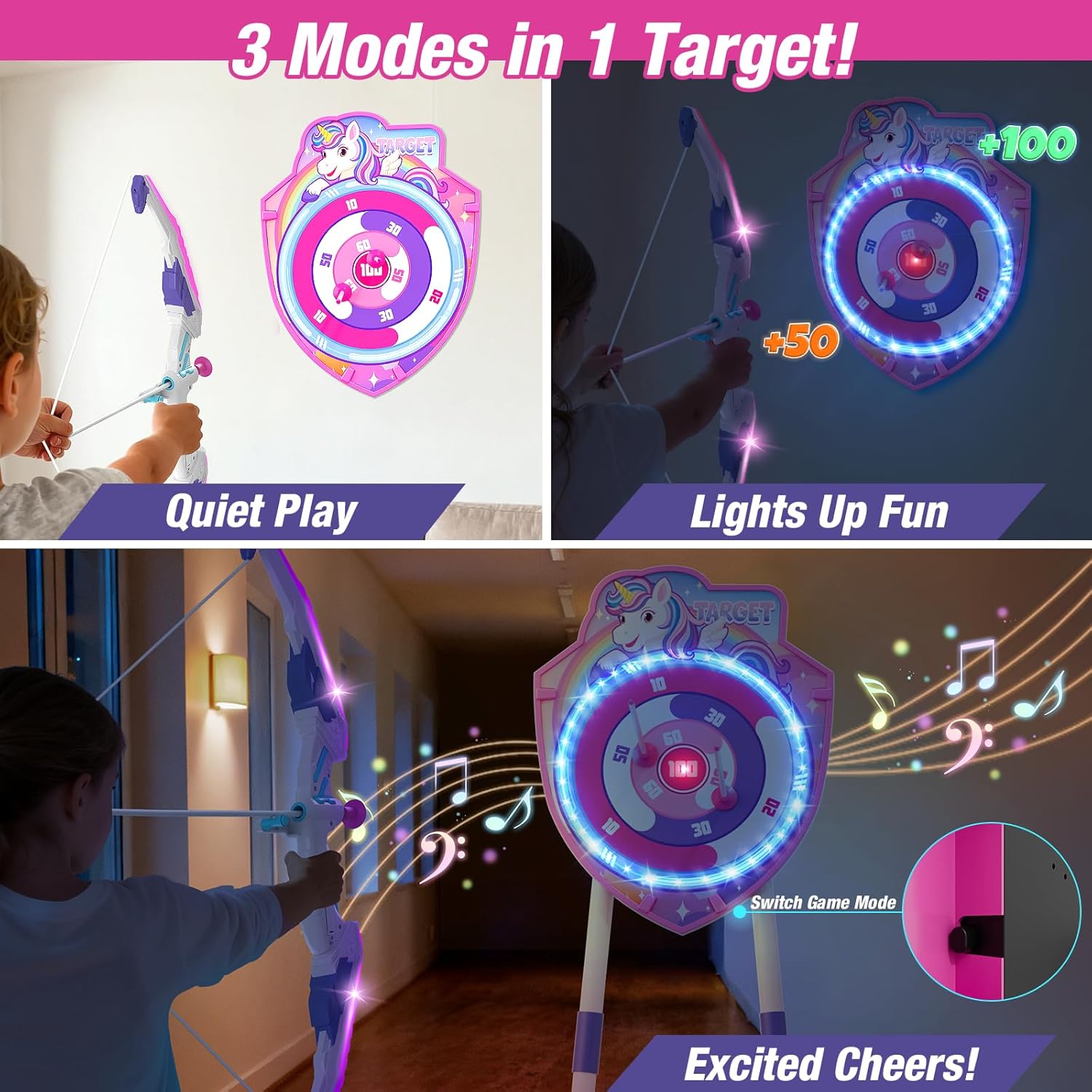 Skiennix LED Light Up Unicorn Bow and Arrow Set - 12 Suction Cup Arrows & Glow Target for Kids Ages 4-12
