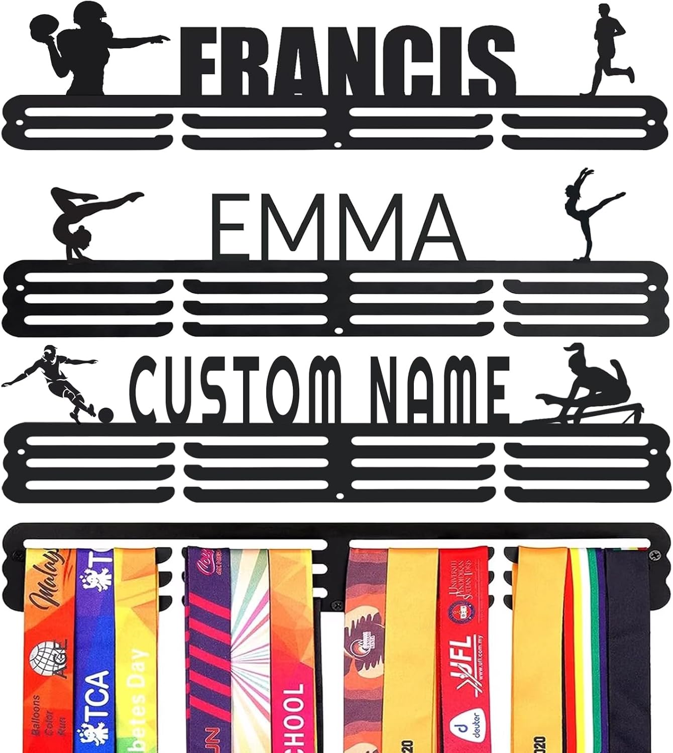 Skiennix Personalized Medal Holder - Custom Name Display Rack for 60 Awards Ribbons | Wall-Mounted Metal Hanger for Athletes