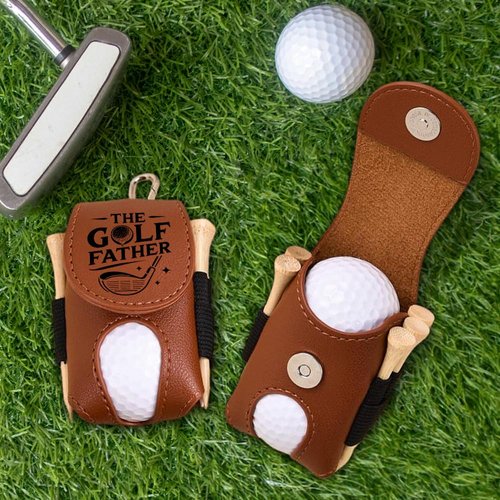 Wrappiness The Golf Father Brown Leather Golf Ball Bag - 2 Balls & 4 Tees, Magnetic Closure, Clip Attachment, Fun Gift for Golfers