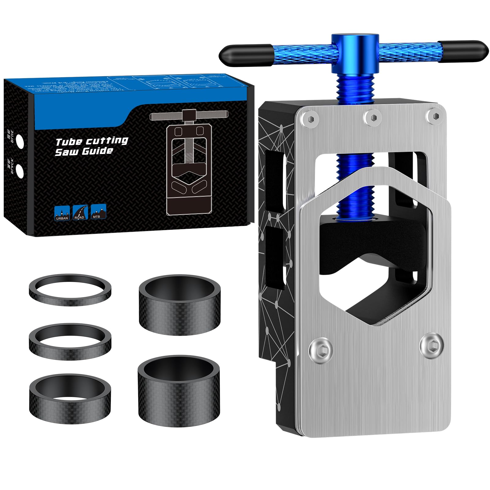 Pawfly Bike Saw Guide for Road Mountain Bike Fork Steerer Seat Post Handlebar, Adjustable Cut Saw Guide with 1-1/8" Carbon Headset Spacers, Carbon Fiber Aluminum Alloy Tube Cutting Tool Cutting Guide