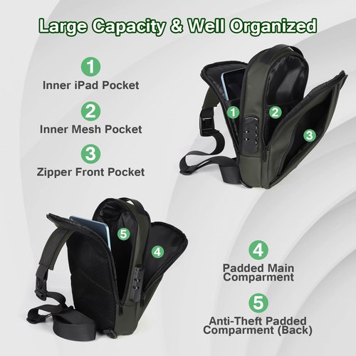Geestock Anti-Theft Crossbody Sling Bag for Men with USB Port, Small Men's Crossbody Sling Bag PU Leather Chest Bag Shoulder Pack for Travel, Hiking, Work & Daily Use, Green