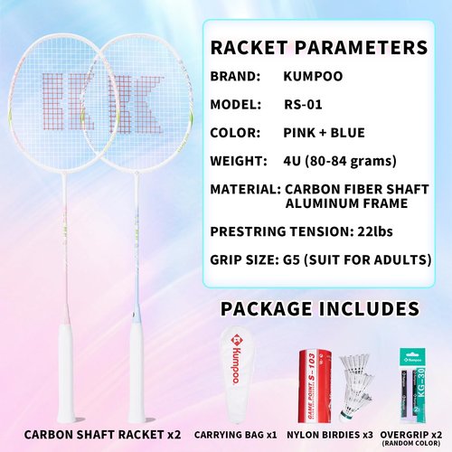 Badminton Racket Set with 2 Carbon Shaft Rackets, 3 Shuttlecocks, 2 Overgrips and 1 Racket Bag - 82g Lightweight 4U Badminton Racquets for 2 Players Outdoor Backyards Games Beginners Adults, RS-01