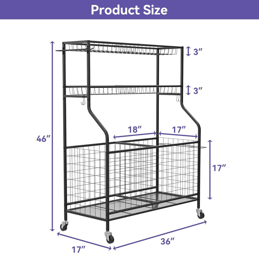 WALMANN Garage Ball Organizer - Indoor/Outdoor Sports Equipment Storage Rack | Rolling Cart for Kids' Balls and Toys