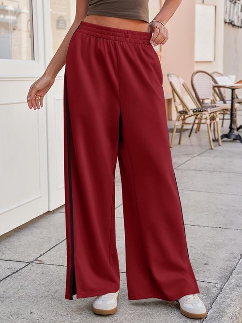Fisoew Women's Wide Leg Pants - Casual Baggy Sweatpants with Elastic Waist & Side Slit | Pockets Included