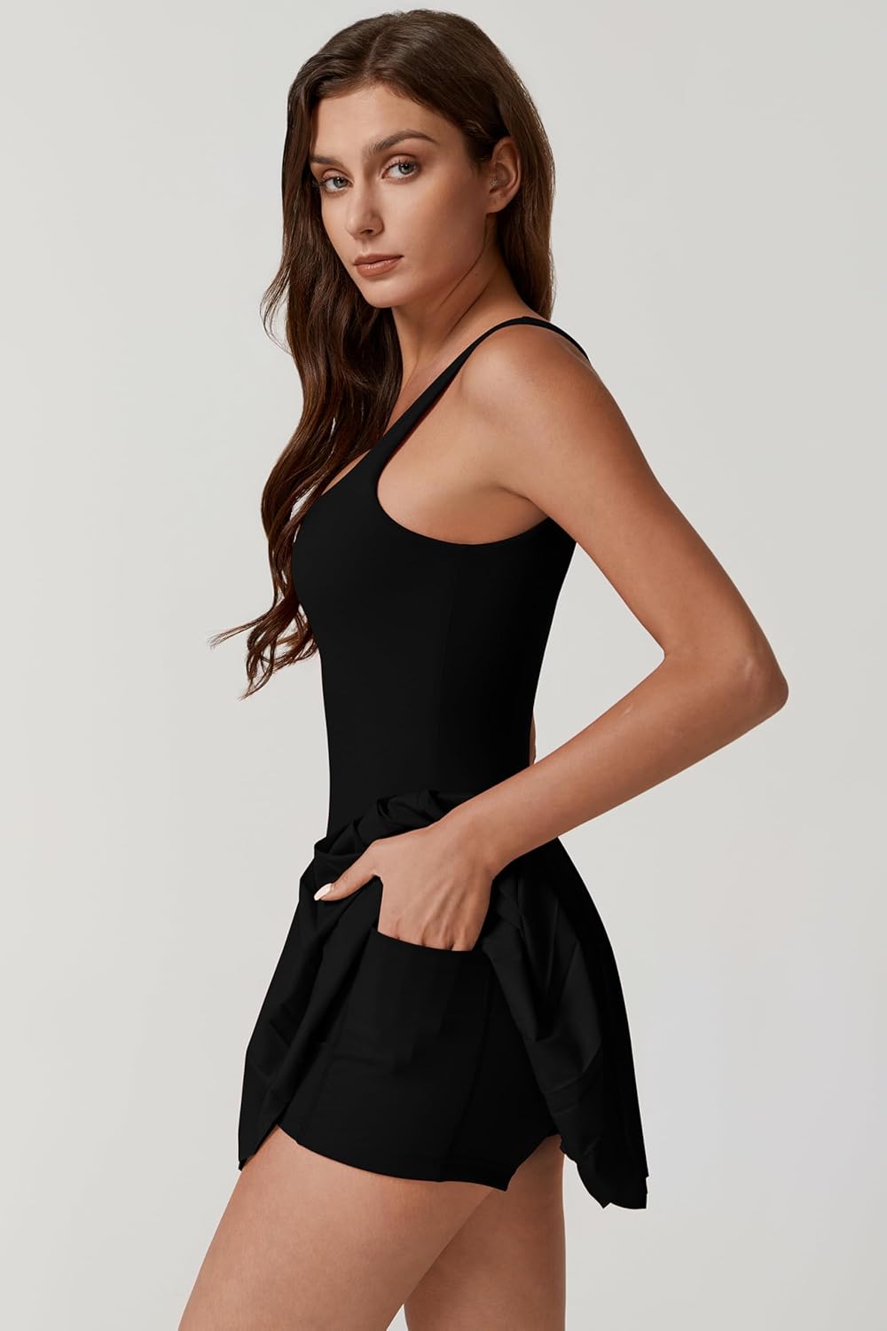 QINSEN Women's Tennis Dress - Square Neck, Pleated Design with Built-In Shorts & Pockets | Athletic Golf Wear