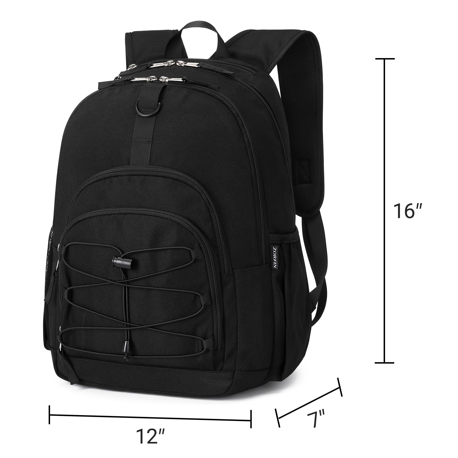 ZORFIN Black Backpack for School, Travel: Bookbag for Girls Boys - Kids Backpack with Multi Compartments