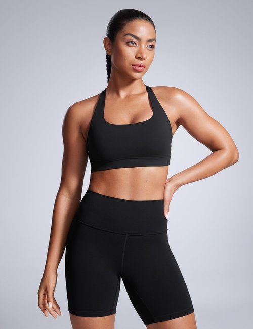 CRZ YOGA Butterbreeze Square Neck Sports Bras for Women - Strappy Thin Straps Workout Traning Padded Gym Halter Cami Top Black Medium