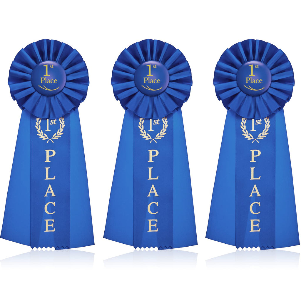 Lewtemi 3 Packs 1st Place Blue Ribbon Award Rosette Ribbon Grand Prize Ribbons Winner Victory Prize Deluxe Recognition Award for Classroom, Competition and Sports Events