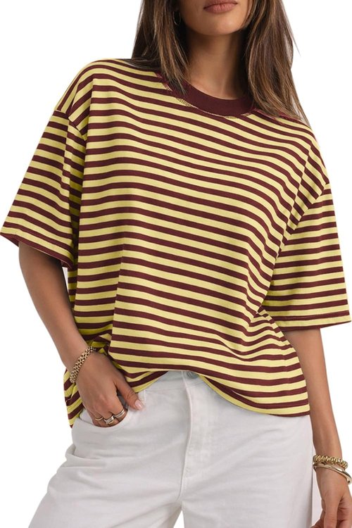 CHYRII Women's Oversized Striped T-Shirt - Casual Short Sleeve Crewneck for Summer Y2K Style