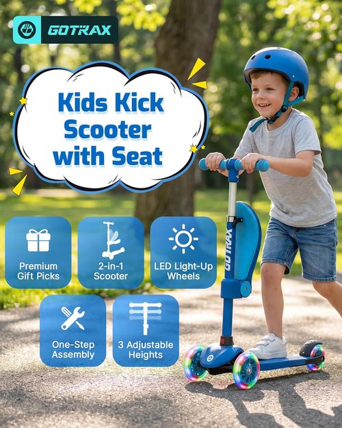 Gotrax KS3 Kids Kick Scooter - LED Lighted Wheels, Adjustable Handlebars & Removable Seat | Ages 2-8, Up to 110 Lbs