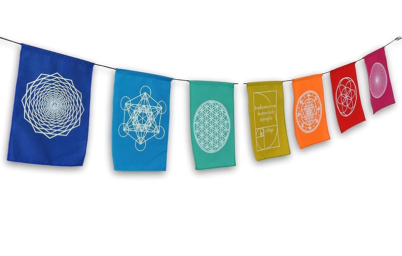 Sacred Geometry Rainbow Prayer Flags Set | Handprinted 9x12 In Indonesia