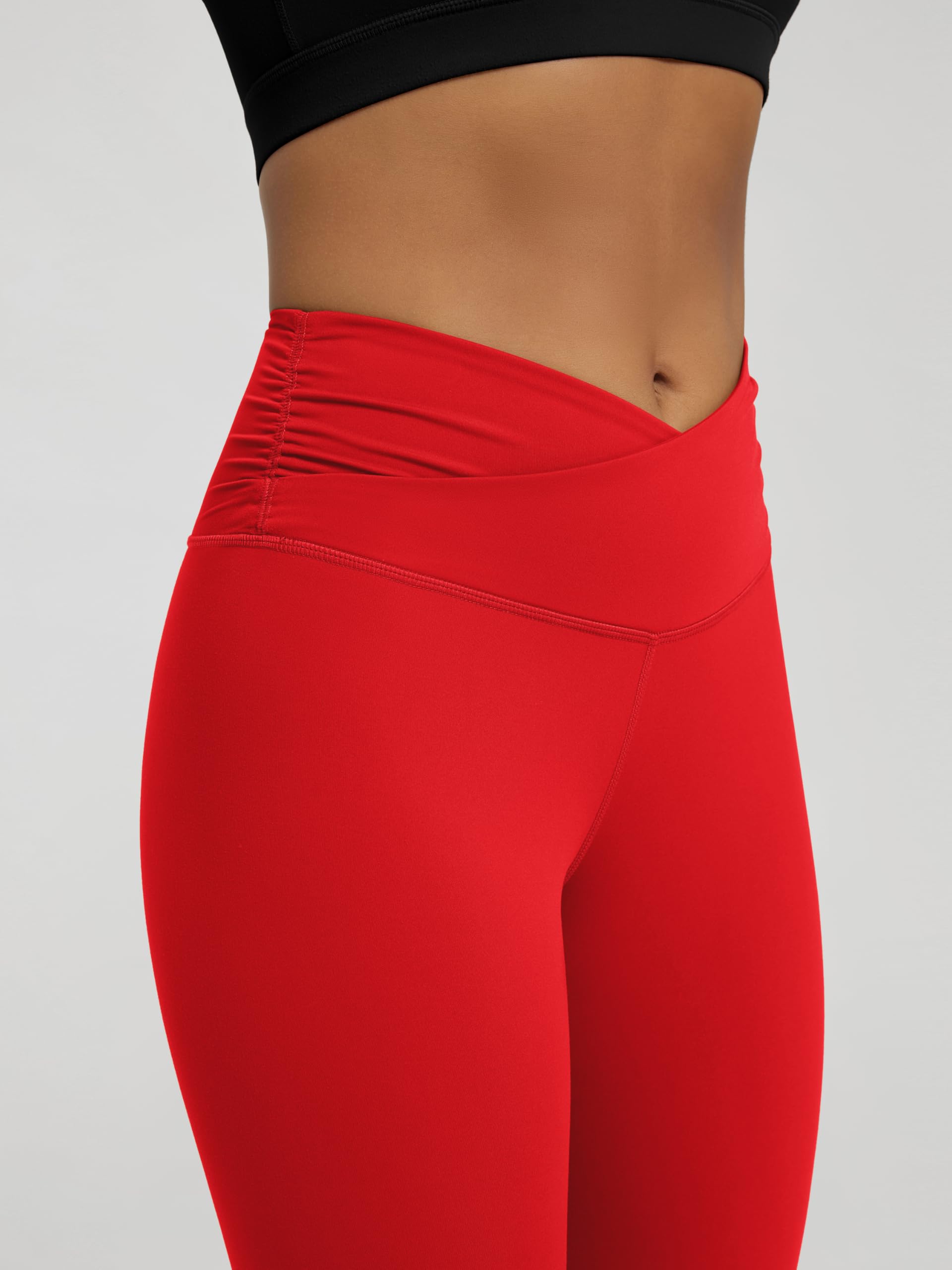 ODODOS Women's Cross Waist 7/8 Yoga Leggings with Inner Pocket, Inseam 25" Gathered Crossover Workout Yoga Pants, Red, Large