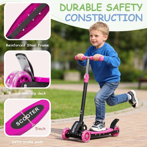 HOSKO Kick Scooter for Kids 2-7 Age， Light up 3 Wheels Kick Scooter, Heavy Duty Folding Lean-to-Steer Scooters with 3 Adjustable Handlebar for Boys Girls Pink