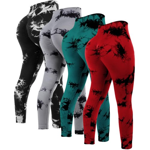 Mumucove 4 Pcs Womens Workout Leggings Tie Dye High Waisted Yoga Pants Seamless Scrunch Butt Lifting Compression Tights(Gray, Black, Dark Green, Red,Small)