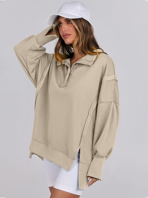 ANRABESS Women's Oversized Sweatshirt - Casual Button-Up Henley Top with High-Low Split | Fall Fashion 2025