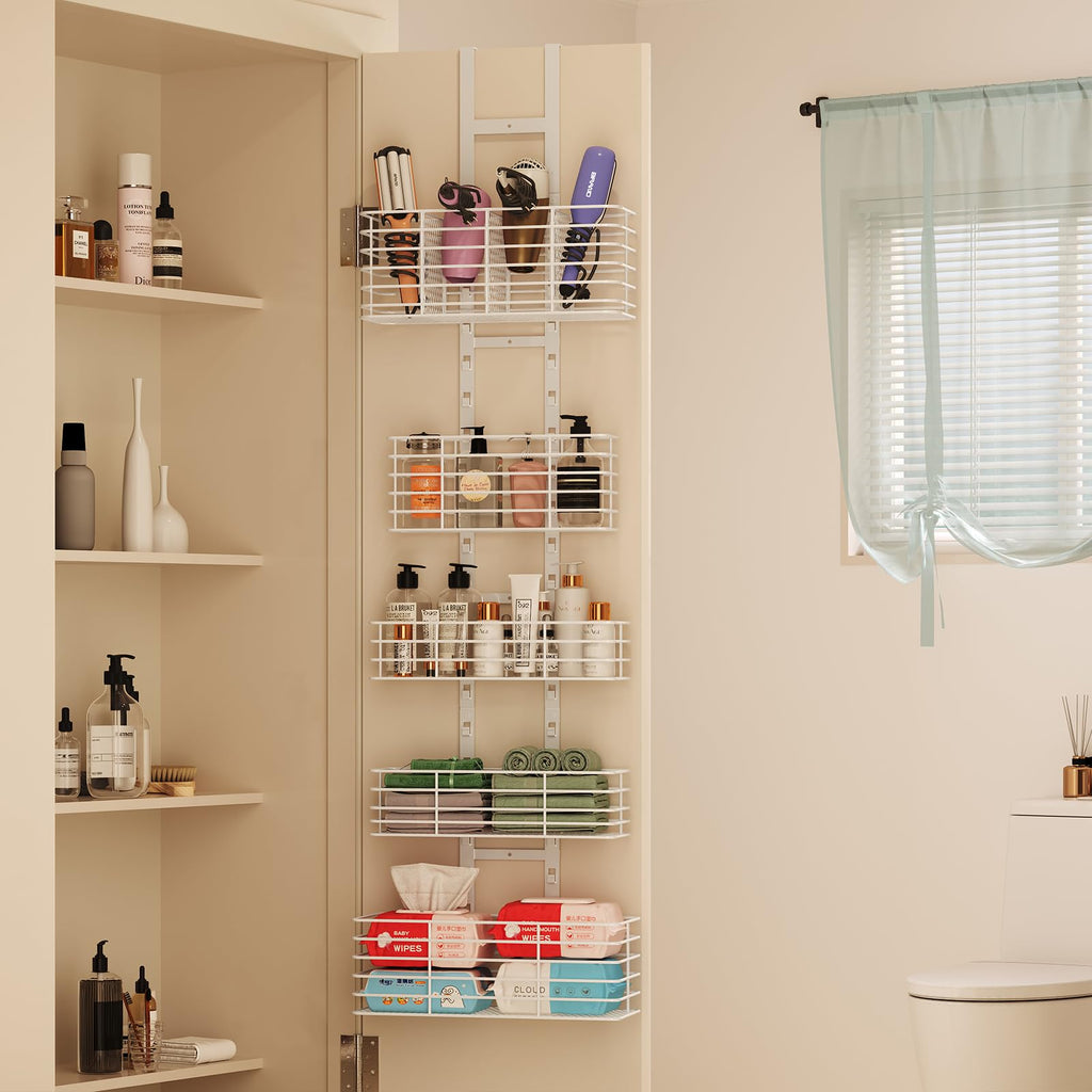 Yuyetuyo 5-Tier Over The Door Organizer Bathroom Shelves Hair Tool Organizer - Hair Dryer Holder Adjustable Height, DIY Bathroom Storage Shelf Wall Mounted Behind The Door Storage