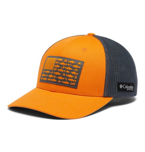 Columbia Unisex PFG Fish Flag Mesh Ball Cap - High, Orange Blast/City Grey/Trout Flag, Small/Medium