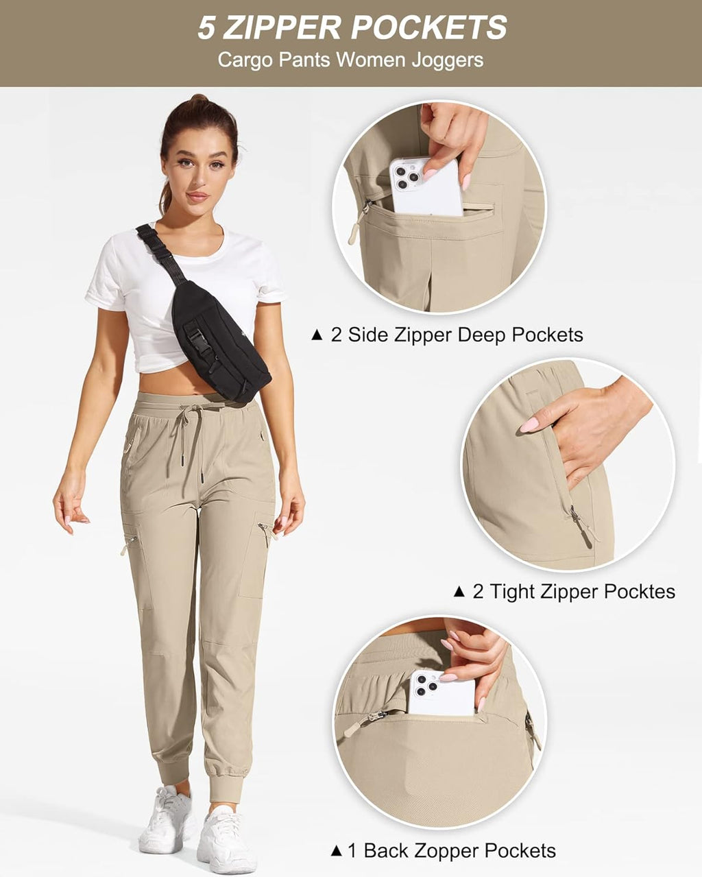 Skiennix Women's Cargo Joggers - Lightweight, Quick-Dry, Water-Resistant Hiking Pants with Zipper Pockets