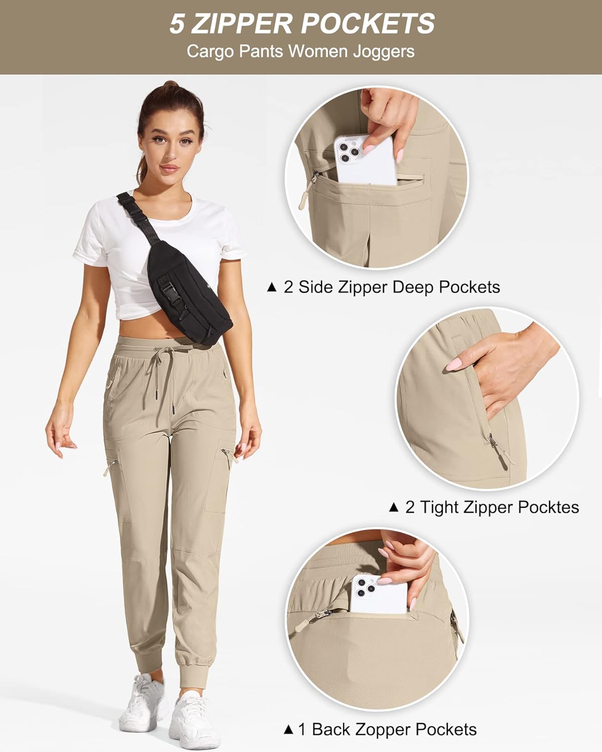 Skiennix Women's Cargo Joggers - Lightweight, Quick-Dry, Water-Resistant Hiking Pants with Zipper Pockets