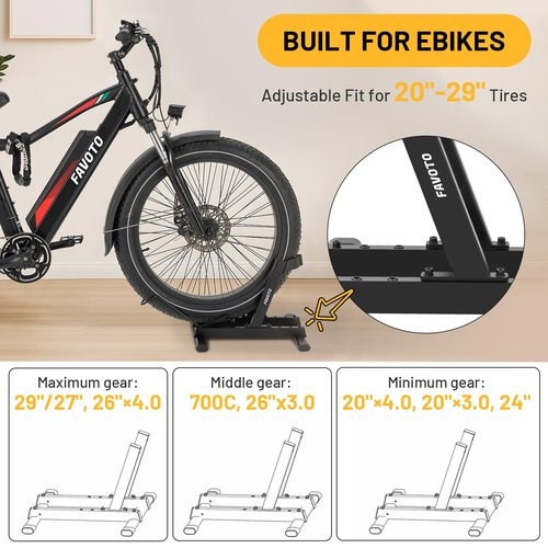 Favoto Bike Stand for E-Bikes, Road & Mountain Bicycles – Adjustable Indoor Floor Garage Storage Rack for 20"-29" Bikes and Fat Tires up to 4.0"