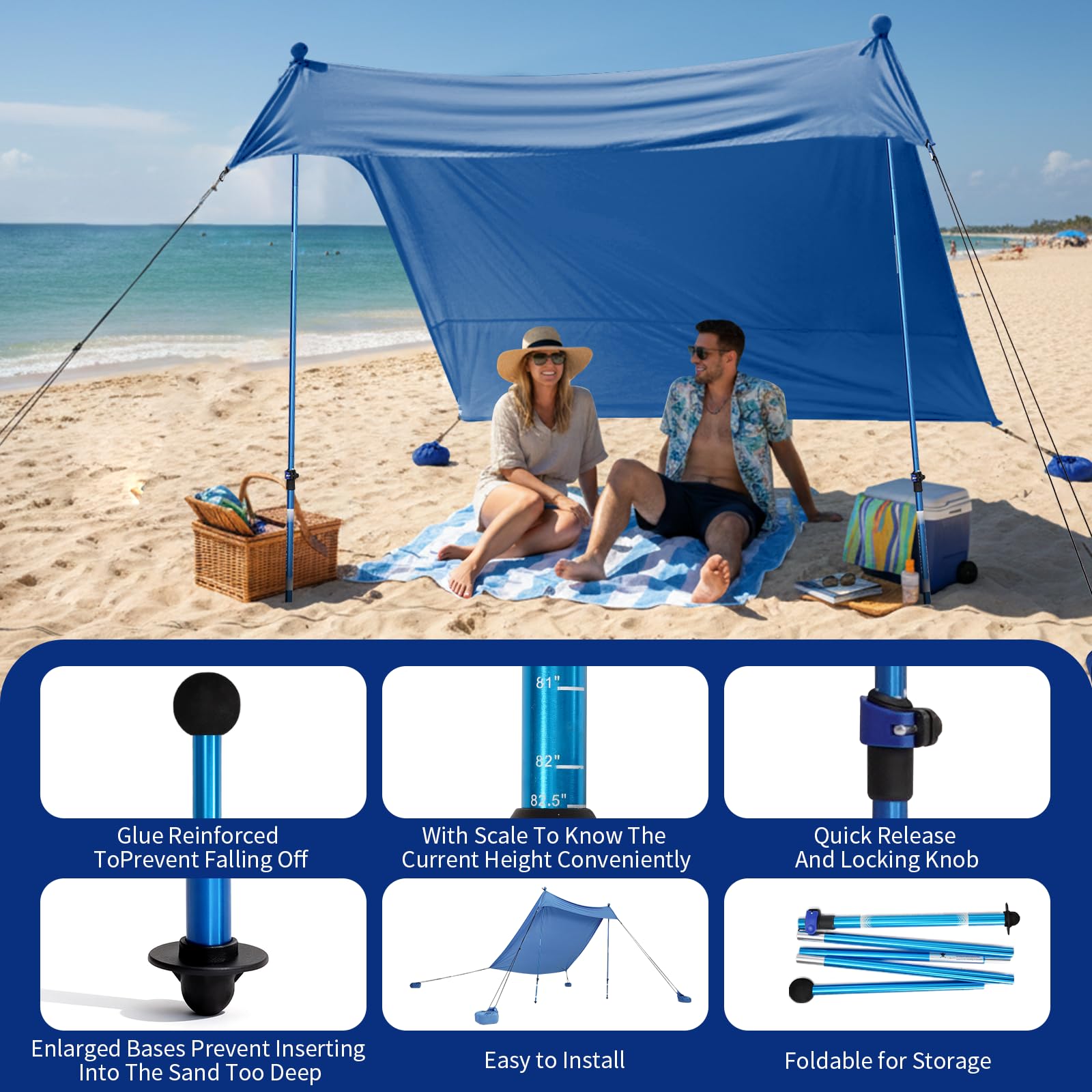 CROWN SHADES 7x7 Beach Tent Sun Shelter, Easy Pop Up Beach Canopy Shade, UPF50+, 2 Poles Adjustable, Blue