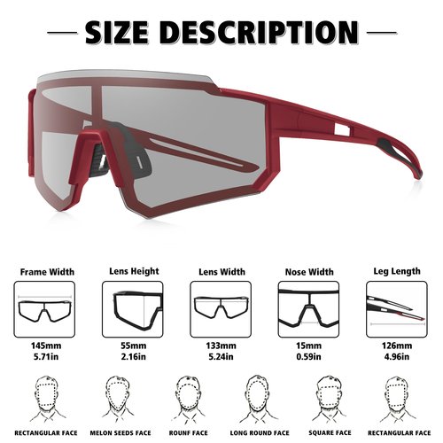 STORYCOAST Polarized Sports Sunglasses for Men Women,Driving Fishing Cycling Mountain Bike Sunglasses UV400 Protection Red Frame-Photochromic Lens