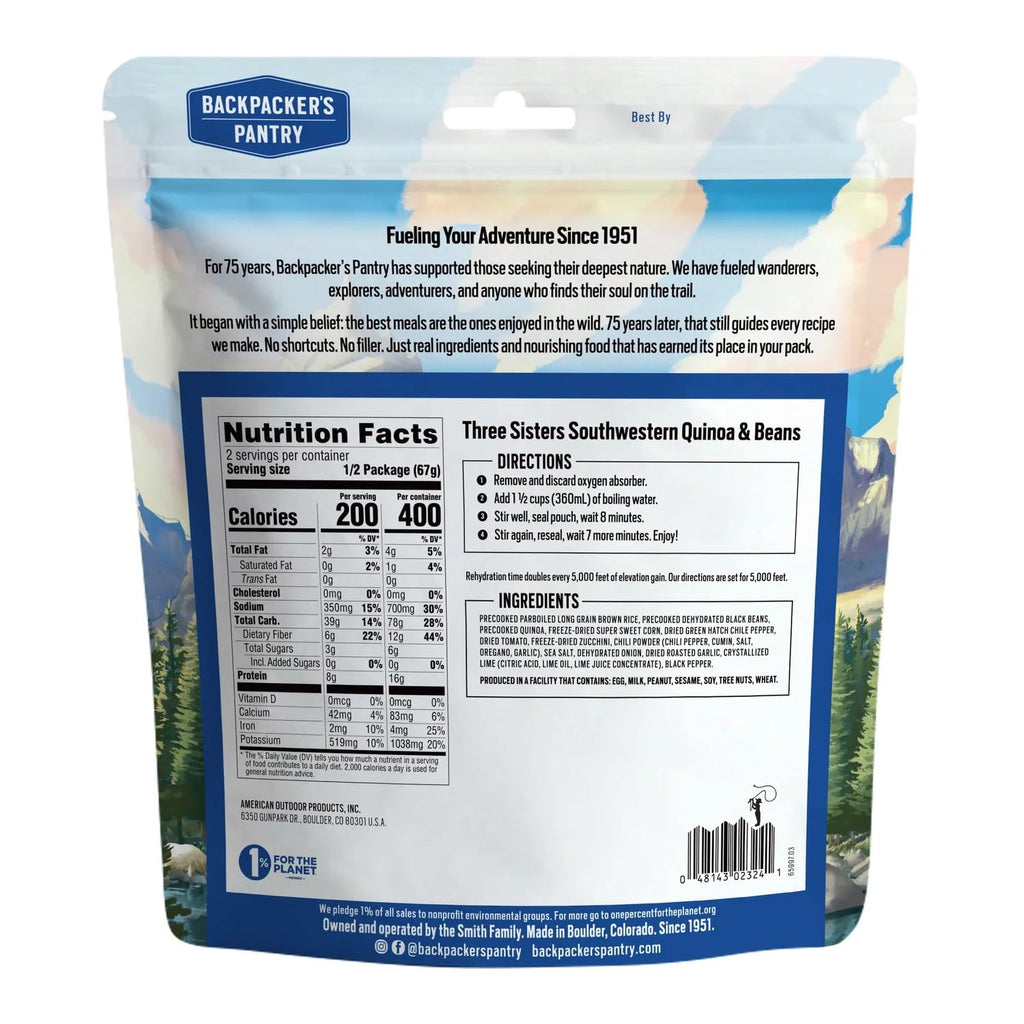 Backpacker's Pantry Three Sisters Quinoa and Beans | Freeze Dried Backpacking & Camping Food | 2 Servings Per Pouch | 14 Grams of Protein | Vegan | Gluten Free | 1 Count