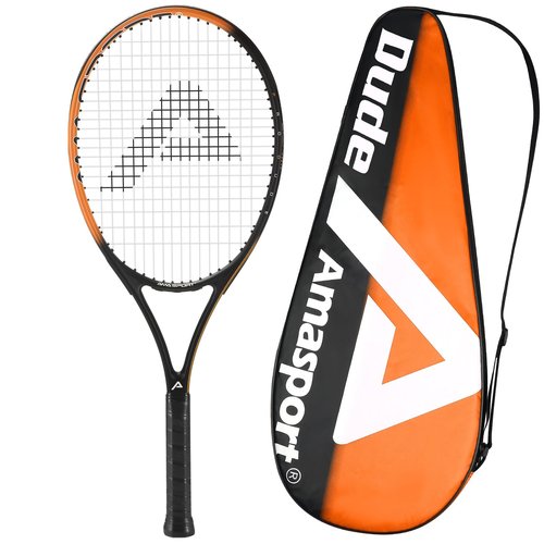 AMA SPORT PRO Dude Adult Tennis Racket - Pre-Strung Light Balance 27 inch Tennis Racquet for Women and Men Grip Size 2-4 1/4" (Orange)