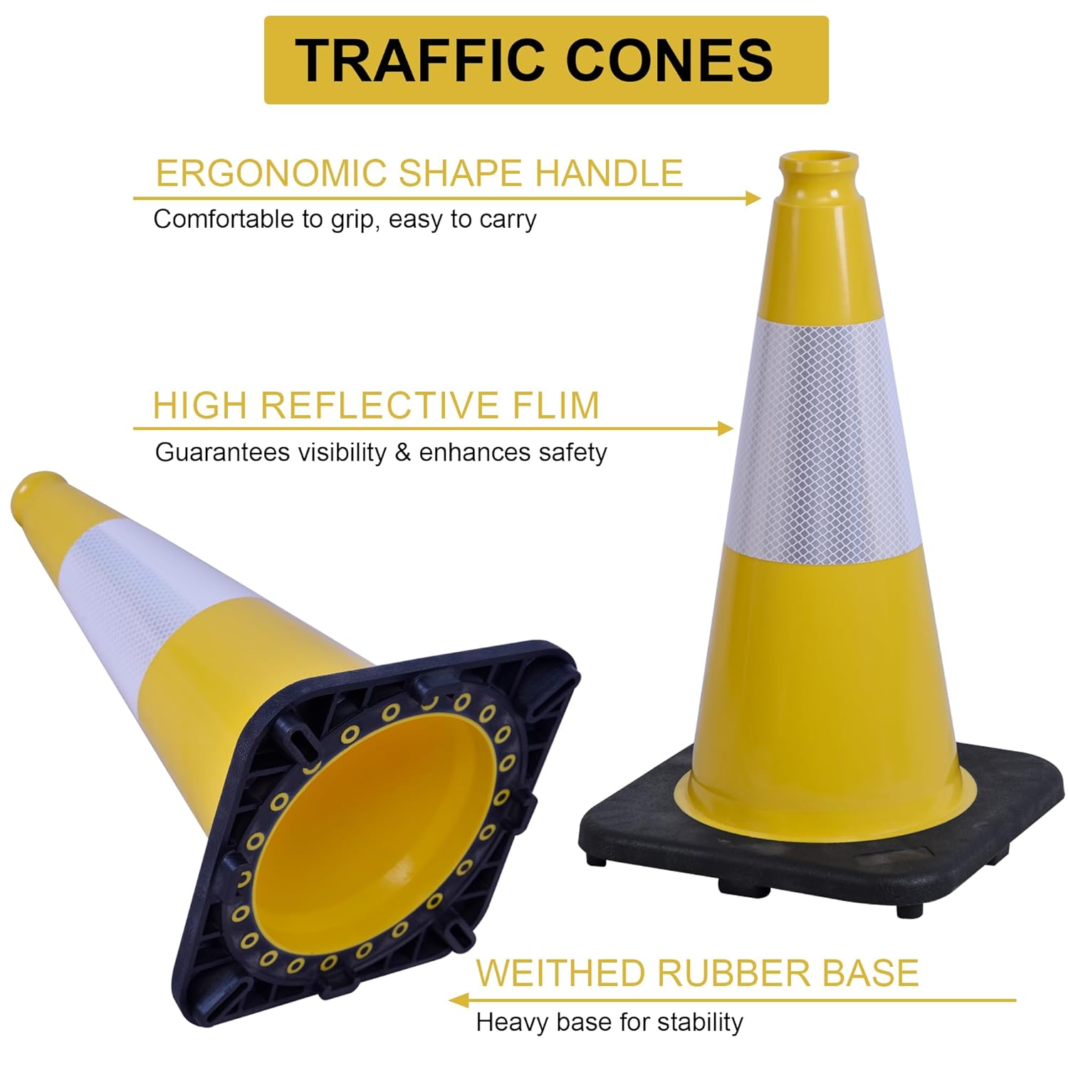 OrangeStar 18" Traffic Cones - 8-Pack Yellow Safety Cones with Reflective Collar & Weighted Base for Indoor/Outdoor Use