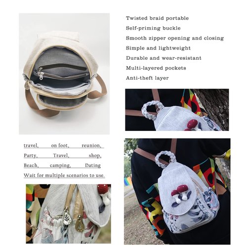 HUANGGUOSHU Women Cotton Woven Bohemian Hemp Boho Canvas Embroidery Multi Pocket Retro Cute Backpack Wallet Backpack（Mushroom）